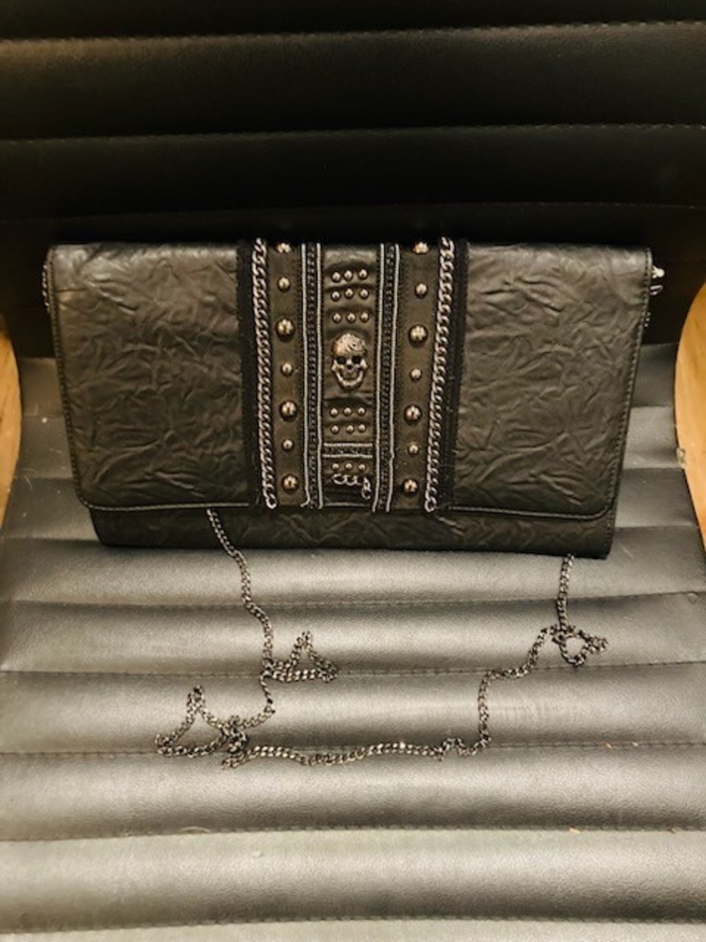 Black Studded Skull Chain Crossbody Clutch - Unbranded
